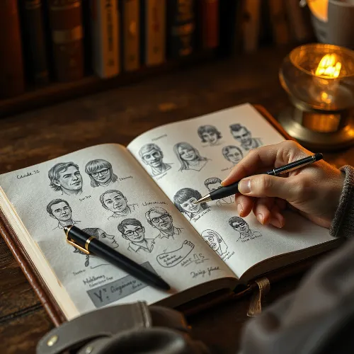 Author sketching character profiles in a notebook with diverse faces