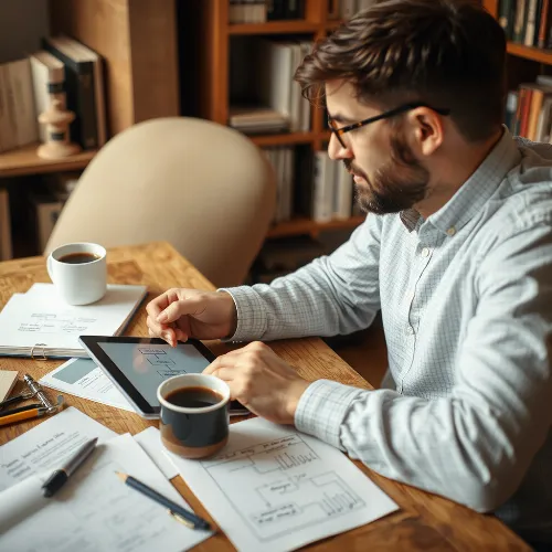 Writer planning a story plot with a flowchart on a digital tablet